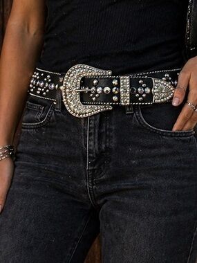 B.B. Simon Black Swarovski Crystal Studded Leather Belt Western Rhinestone Y2K